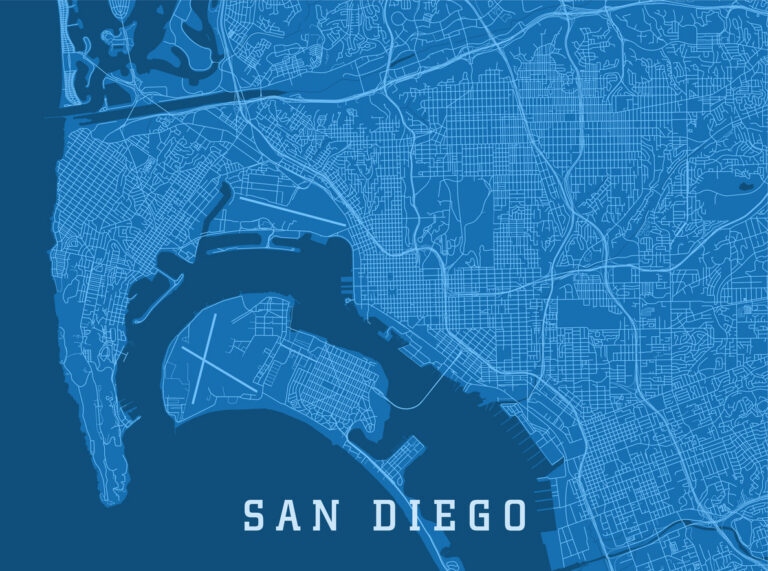San Diego CA City Vector Road Map Blue Horizontal